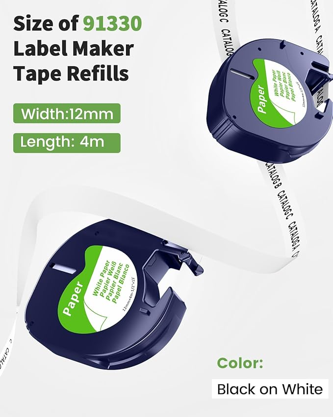 3-Pack Compatible with DYMO Label Maker Refills White Paper Tape 91330 12mm x 4m (1/2" x 13') Label Maker Tape Dymo for Labeler LT-100T LT-100H 200B