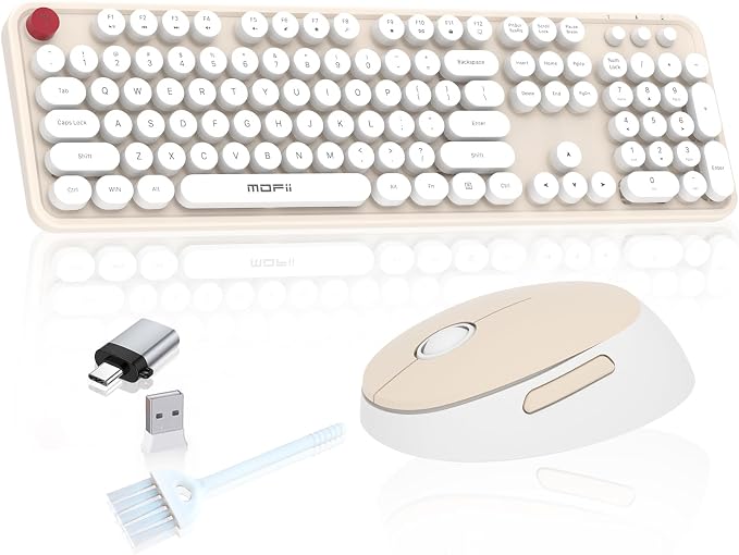 Wireless Keyboard Mouse, 104 Keys Cute Colorful Typewriter Creamy White | With OTG & Long Clean Bruch,Compatible With All windows and Type C Computer,1600DPI,Ideal For PC, Home, Office and College