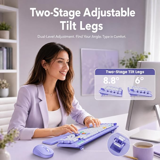 Wireless Keyboard and Mouse, Round Keycaps, Magnetic Wrist Rest, Purple | Full-Size Retro Typewriter-Style Keyboard, Tilt Legs, Auto Sleep, 2.4GHz Cordless for MacOS, Windows PC, Laptop, SABLUTE CK23