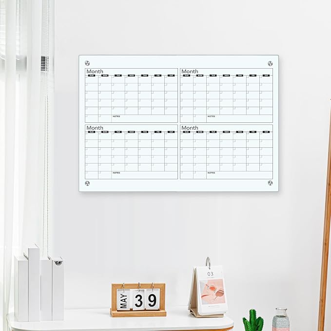 Glass Whiteboard Calendar 36 x 24 4 Month Dry Erase Calendar White Board Planner Glass Large Wall Mounted with Marker Tray for Wall Home Office