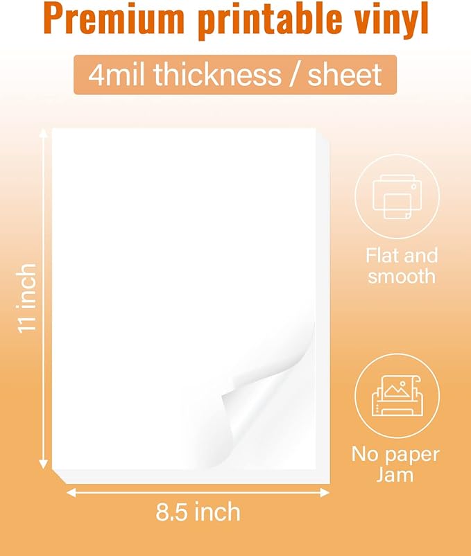 QYH Premium Printable Vinyl for Inkjet Printer-20 Glossy Sticker Paper Waterproof 8.5’’x11’’ White Labels