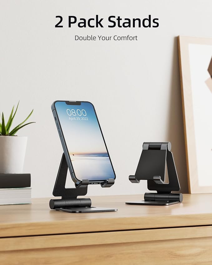 Nulaxy 2 Pack Aluminum Dual Folding Cell Phone Stanr for Desk, Black&Black | Height Angle Adjustable, Portable Phone Holder Fits 18mm Thick Case, Anti-Slip Base, Smartphone Desktop Essential Accessory