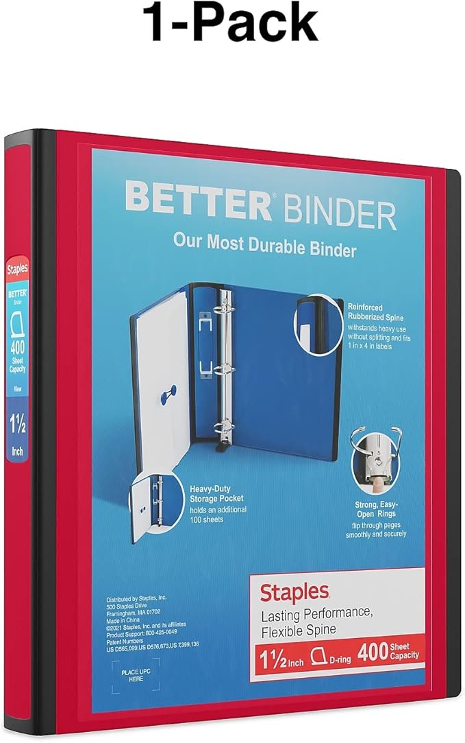Staples Better Binder 1.5-Inch D-Ring View Binder, Reinforced Spine, Holds Up to 350 Sheets, Red, for Office & School