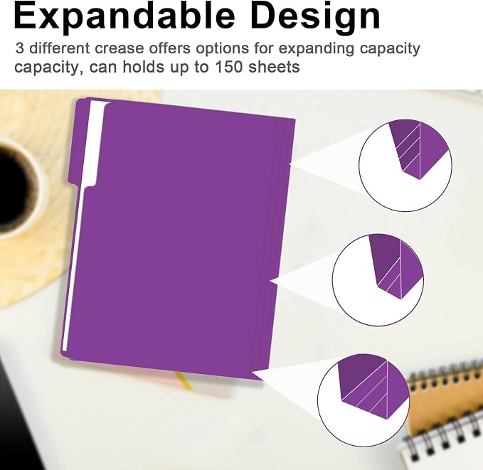 File Folder, RAZCC 100 Pack 1/3 Cut Tab File Folders Letter Size, Purple Folders for Dcouments, Folders with Tab Great for Organizing and Easy File Storage