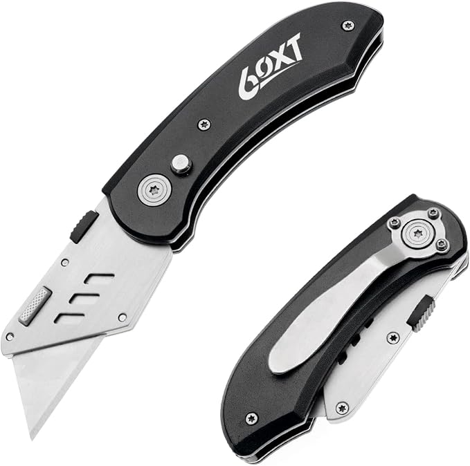 Utility Knife Folding Safety Lock Quick Change with 10 Extra SK5 Replacement Blade Lightweight Aluminum Handle & Pocket Clip Multi-Use Box Cutter Office Home Art Diy Great Gift Choice (New.Black)