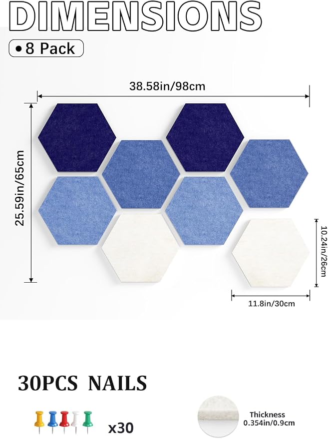 8-Pack Hexagon Felt Bulletin Board Tiles, Cork Board Alternative | For students and teachers creating vision boards in homes, offices, dorms or classrooms; includes 40 tabs and 30 push pins