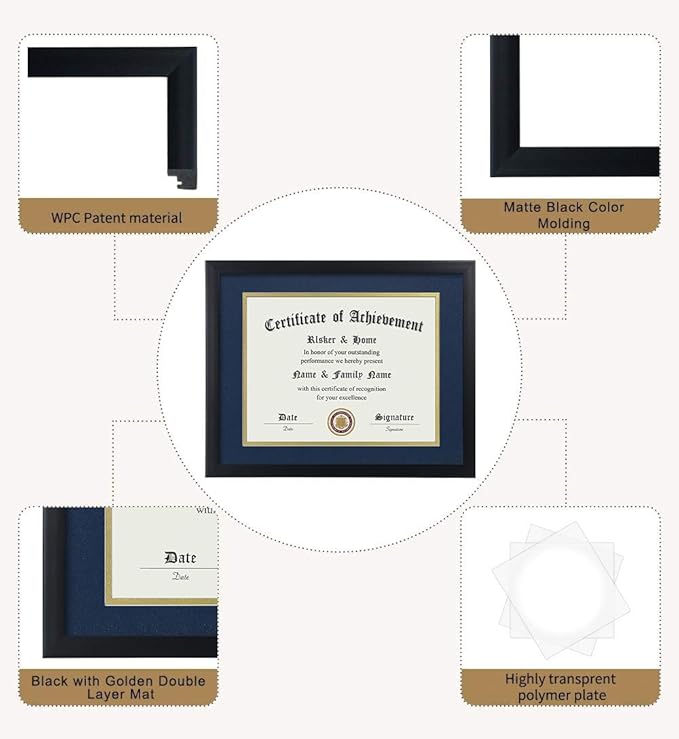 ELSKER&HOME 8.5x11 Certificate Frame with Blue Mat 2Pack- Classic Black Color Frame - Displays Diploma 8.5x11 Inch with Mat - 11x14 Inch Without Mat - For Document/Photo(2 Pack, Matte Blue with Gold