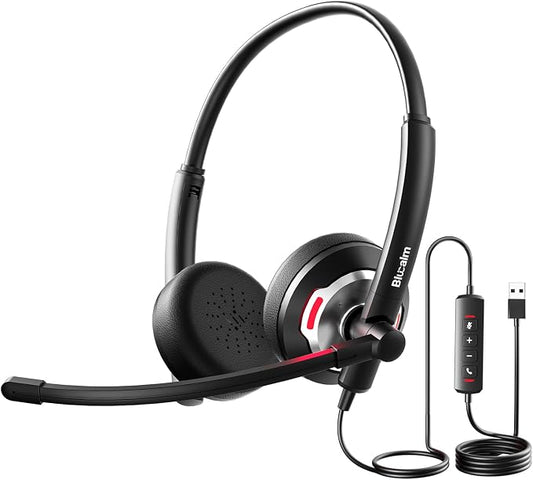 Wired Headset with Noise Canceling Mic & in-Line Control, Business Headset with Microphone for PC, USB Computer Headset for Work Call Center, Home Office, Online Classes, Teams, Zoom