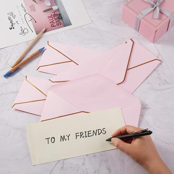 30 Pack #10 Business Envelopes with Stickers, Thick Paper, Light Pink | 4 1/8 x 9 1/2 Inches, Self Seal Standard Envelopes with Gold Border For Letter Mailing, Greeting Cards