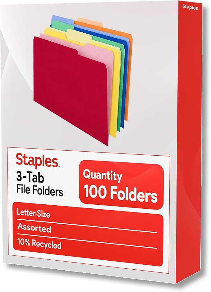 Staples Colored File Folders, Letter Size, 3-Tab Top-Tab, 100/Pk | Durable 10.5-point paper stock for everyday office document filing.
