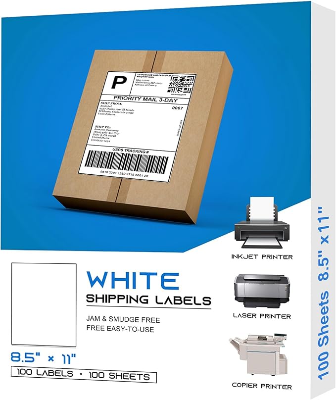 8.5" x 11" Full Sheet Label Sticker for Laser & Inkjet Printer - 1 Per Page Shipping Labels for Packages Permanent Adhesive, Full Page Shipping Labels (100 Sheets, 100 Labels)