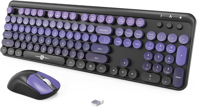 Wireless Keyboard and Mouse Combo, 104 Keys Full-Sized 2.4 GHz Round Keycap Colorful Keyboards, USB Receiver Plug and Play, for Windows, Mac, PC, Laptop, Desktop (Black Purple)