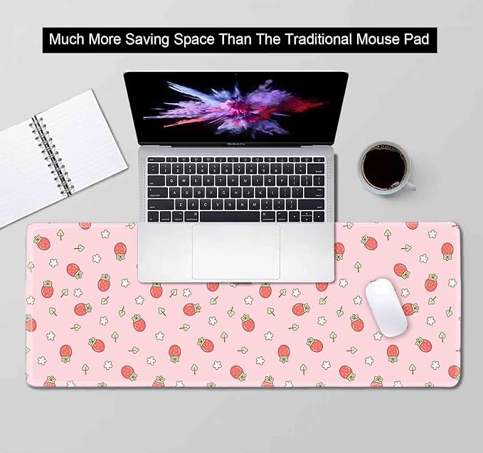 Pink Cute Desk Mat, Strawberries Mouse Pad XL, Aesthetic Hearts Desk Pad, Pastel Kawaii Deskmat, Laptop Office Gaming Computer Home Mice Mat Mousepad Stylish Office Gift, 31.5 X 11.8 Inch