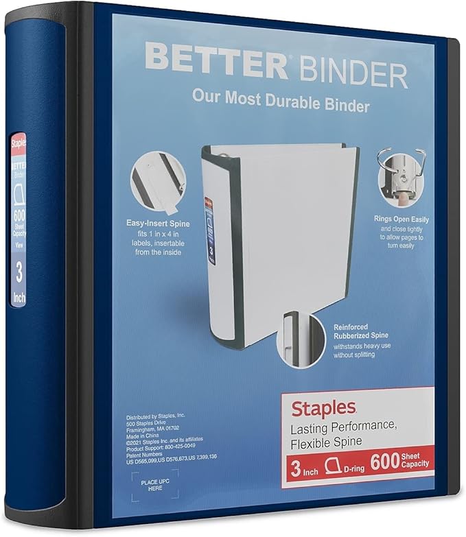Staples Better Binder, 3" D‑Ring 3‑Ring Binder, Blue, Reinforced Rubber Spine, Heavy‑Duty Design, Holds up to 600 Sheets for School & Office