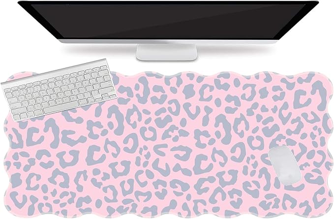 L-SPOUTTO Pink Leopard Mouse Pad,Scalloped Desk Mat XXL Large Cheetah Gaming Mousepad,35.4x15.7in Non-Slip Rubber Base Keyboard Pad Waterproof Desktop Mat for Laptop Computer Game Home Office