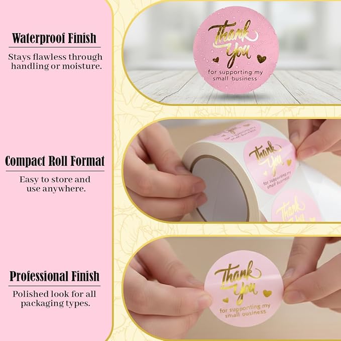 Pink Thank You Stickers Gold Foil – 500 Waterproof 1.5” Round Labels for Small Business Packaging, Custom Thank You Labels for Envelopes, Gift Bags, Boxes, Cards & Orders