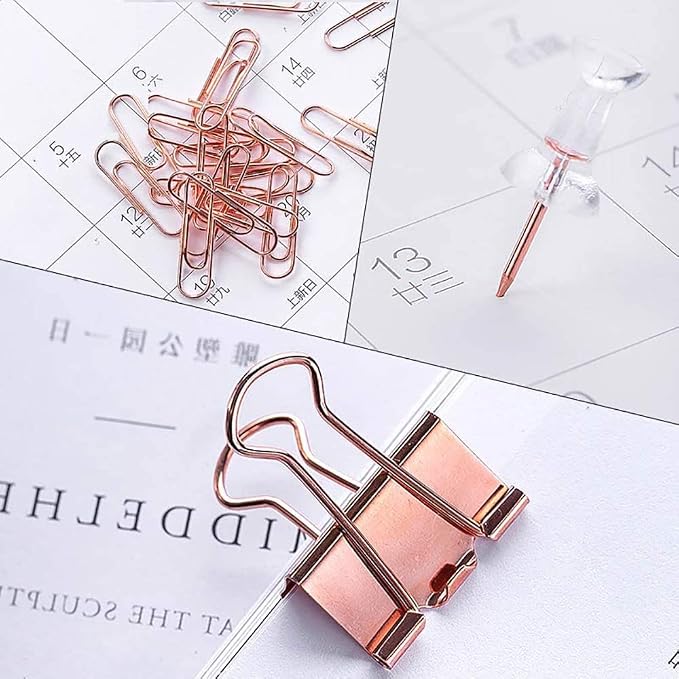Paper Clips Binder Push Pin Set, Assorted Sized Binder Clips | Cute Office Supplies, Aesthetic Desk Accessories Teachers Desk Must Have, Paper Clips and Binder Clips Set, Rosegold, 1 Pack