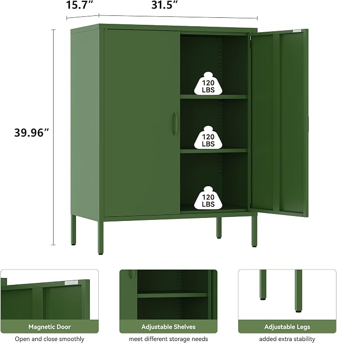 YAUWOH Metal Cabinet with 2 Doors and 4 Shelves，39.96" Tall Steel Office Cabinet,Bathroom Floor Locker for Office,Home,Garage,Gym,School (1PC,Forest Green)