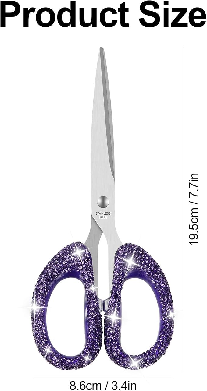 Koqye 7.68-Inch Rhinestone Scissors - Bling Metal Cute Scissors for School, Office, Crafting & Home - Decorative Sparkly Handle Paper Cutting Tool (Purple)