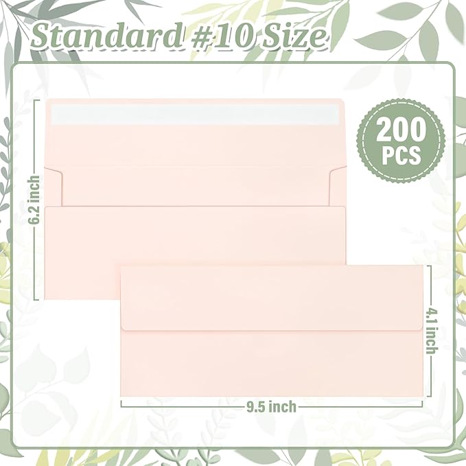 200 Light Pink #10 Business Envelopes, Self Seal Standard Envelopes, Windowless Business Mailing Envelopes for Office, Checks, Letters, Invoices, Statements, Wedding, 4-1/8 x 9-1/2 inch
