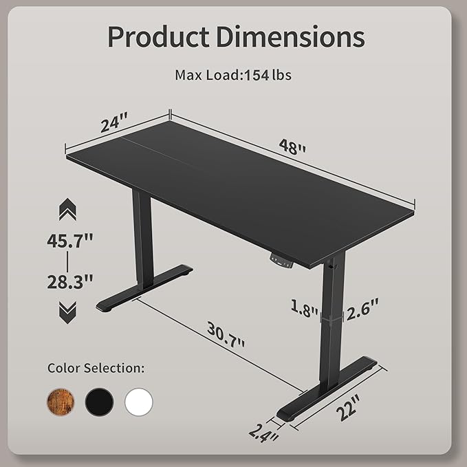 Agilestic Electric Standing Desk, 48 x 24 Inches Height Adjustable Desk, Sit Stand up for Work Office Home, Ergonomic Rising Computer Table with Memory Preset, Black