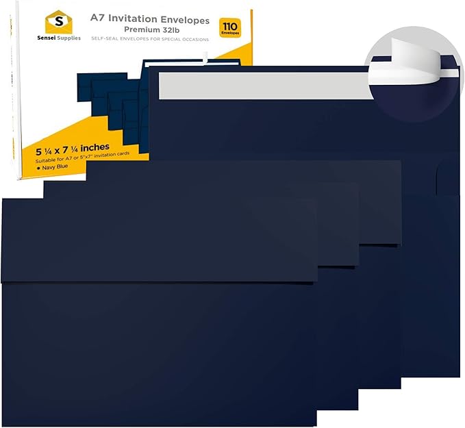 110 5x7 Navy Blue Invitation Envelopes - for 5x7 Cards - A7 - (5 ¼ x 7 ¼ inches) - Perfect for Weddings, Graduation, Baby Shower - 120 GSM - Peel, Press & Self Seal - Square Flap