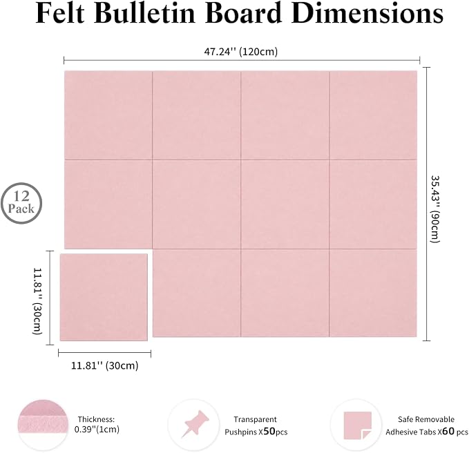 48" x 36" Decorative Bulletin Boards, Large Cork Board Alternative | 50 Pushpins, 60 Adhesive Tabs, Solid-Tile 12PC Felt Wall Tiles, Cork Boards for Office Push Pin Board Felt Board, Coral Pink | 50 Pushpins, 60 Adhesive Tabs, Solid-Tile 12PC Felt Wall...