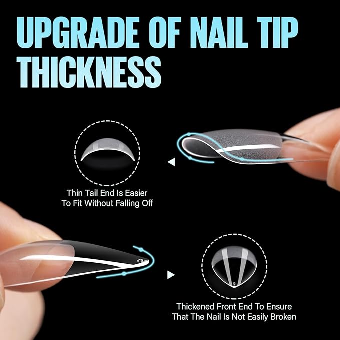 TOMICCA Long Stiletto Nail Tips 504pcs, Soft Acrylic Long Almond Nail Tips Pre Etched Clear Fake Nails Tips Almond Shape Half Matte, Full Cover Nail Extension for Beginner and Professional 12 Sizes