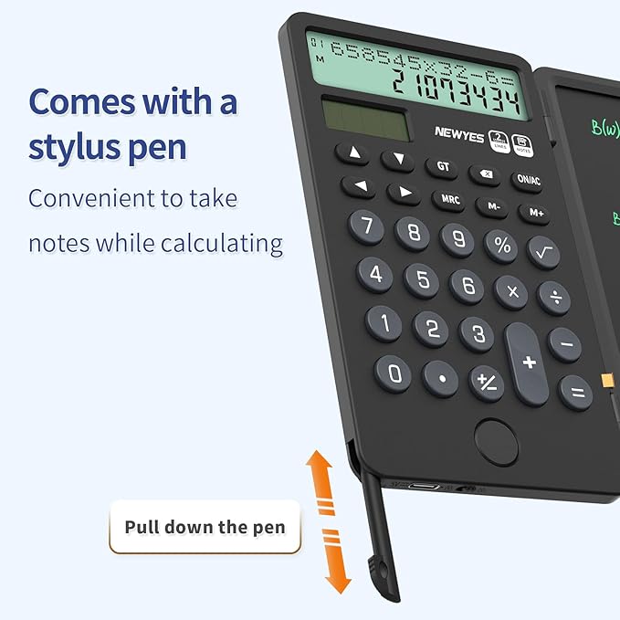 NEWYES Portable Calculator with Notepad, 2-Line 12-Digits Large Display, Rechargeable Solar Power Desk Calculator for Office School Students (Black)