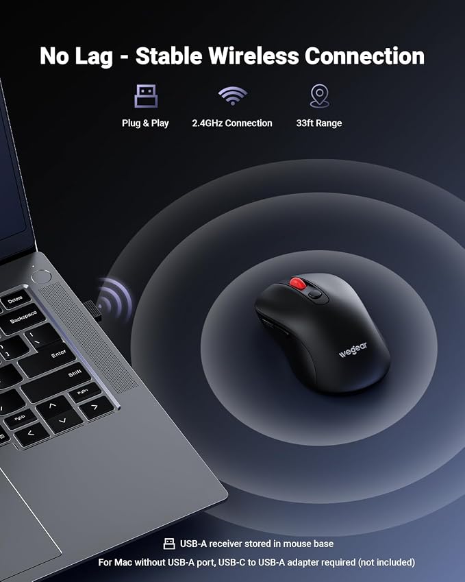 wegear USB Wireless Mouse for Laptop PC Mac, 2.4GHz Cordless Mouse-Black | Ergonomic Portable Optical Computer Mice with 6 Buttons, 5-Level Adjustable 4000 DPI,24-Month Battery Life