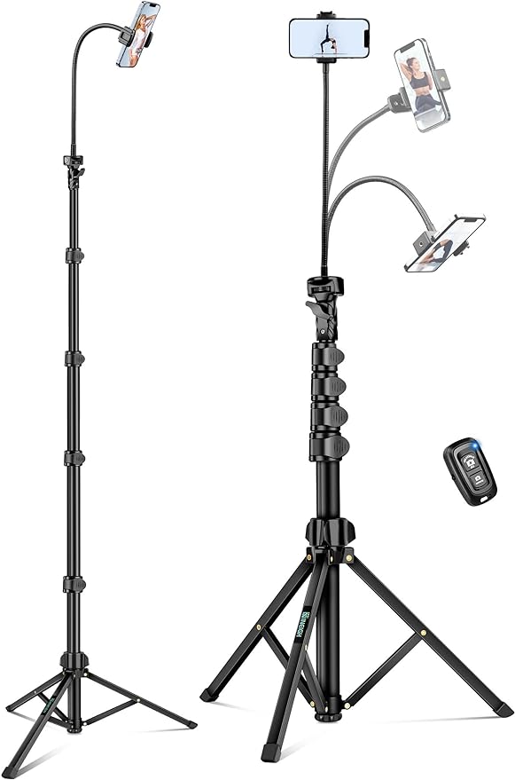 Phone Tripod, 85" Tripod for Cell Phone iPhone with Gooseneck | Aluminum Tripod Stand for Video Recording Photo Vlog, Travel Cellphone Tripod with Remote Compatible with iPhone Android