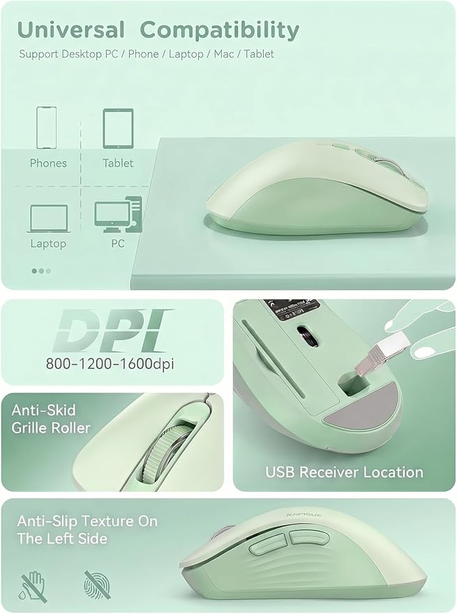 RAPIQUE Bluetooth Wireless Mouse, Dual Bluetooth & 2.4GHz, Sage Green | Right-Hand Ergonomic Grip, Quiet Clicks, Low Power, 3-device Switching, 6-button USB receiver for MacBook, Laptop, Computer