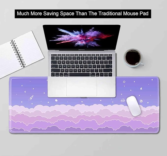 Cute Pastel Purple Desk Mat, Minimalist Large Gaming Mouse Pad Mousepad for Laplop, Kawaii Anime Desk Pad, Gradient Clouds Computer Pads, Aesthetic Stars Moon Deskpad, 31.5 X 11.8 Inch