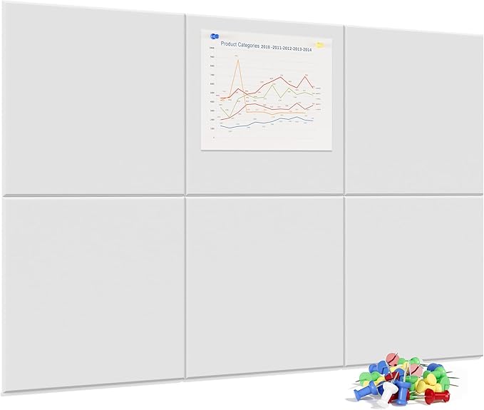 Large Cork Board for Wall, 36" x 24" White Bulletin Board with Pushpins, 6 Panels Felt Tiles Tack Push Pin Board for Office