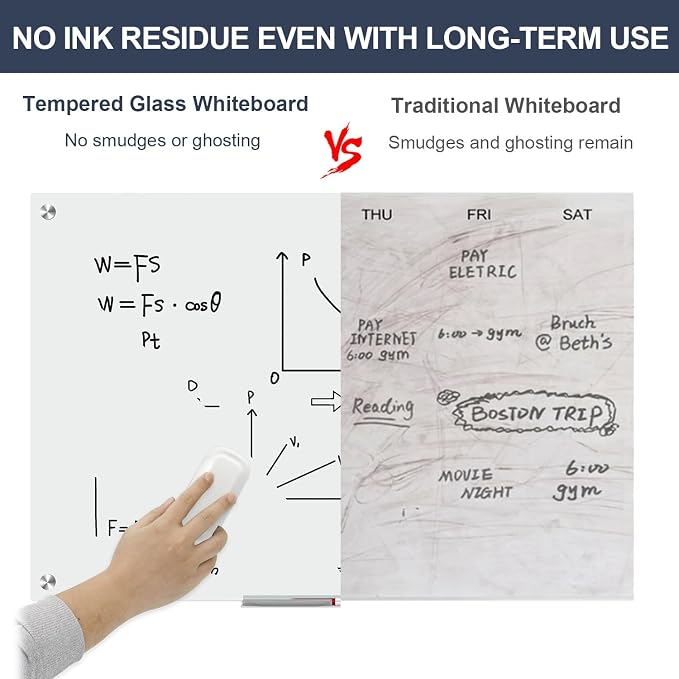 Glass Whiteboard 36x24 Magnetic White Board Dry Erase Board for Wall | Magnetic Surface, Dry Erase, Large Frameless Glass Whiteboard, Ideal for Office Home School Classroom Kitchen