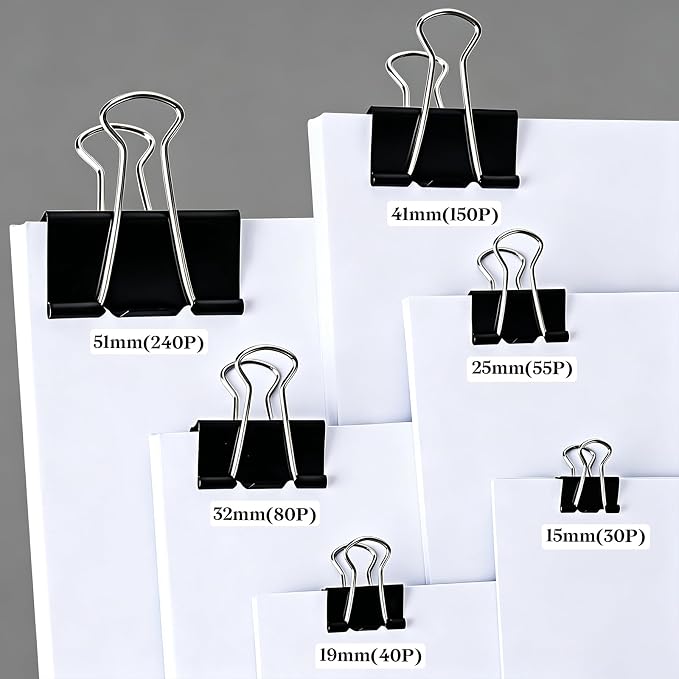 Temiary Metal Binder Clips, Assorted 6 Sizes Black 208 Pcs for Office, Home | Colored Binding Paperwork Clamp Bulk for Office, Home, School
