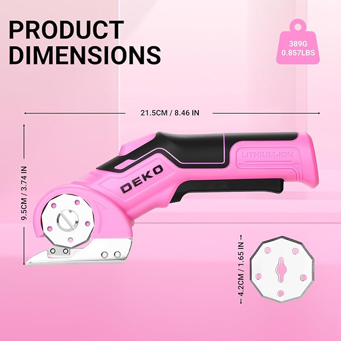 Cordless Electric Scissors Cardboard Cutter: DEKOPRO 4V 2000mAh Electric Box Cutter, Rechargeable Power Rotary Cutter with Safety Lock, 389g Carpet Cutter with 2 Blade, Type-C Charging(Pink)
