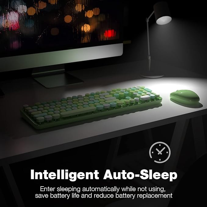 MOFII Wireless Keyboard and Mouse Combo, 2.4GHz Retro Full Size Typewriter Keyboard with Number Pad & Wireless Mouse for Laptop, PC, Desktop, Mac, Windows - Green Colorful
