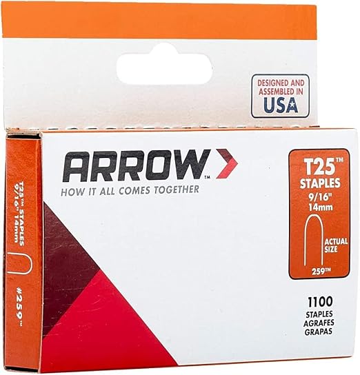 Arrow 259 T25 Staples for Installing Low Voltage Wires & Cables, 1100 Count | 9/16" Leg Length, 5/16" Crown Width, Heavy-Duty Steel, For Holiday Lights, Doorbells & Alarm Systems