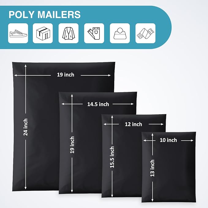 UCGOU 100 Pack Not Padded Black Poly Mailers Variety Pack, 10x13 Inch & 12x15.5 Inch & 14.5x19 Inch &19x24 Inch Mailing Bags, Self-sealing Adhesive Mailers Assorted Sizes for Small Business