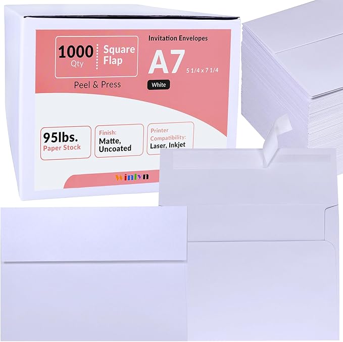 Winlyn 1000 Pcs White A7 Invitation Envelopes 5 1/4 x 7 1/4 Square Flap Envelopes Self Seal 95lb for Wedding Shower Birthday Bussiness Mailing Invitation Announcement 5 x 7 Greeting Cards Photos