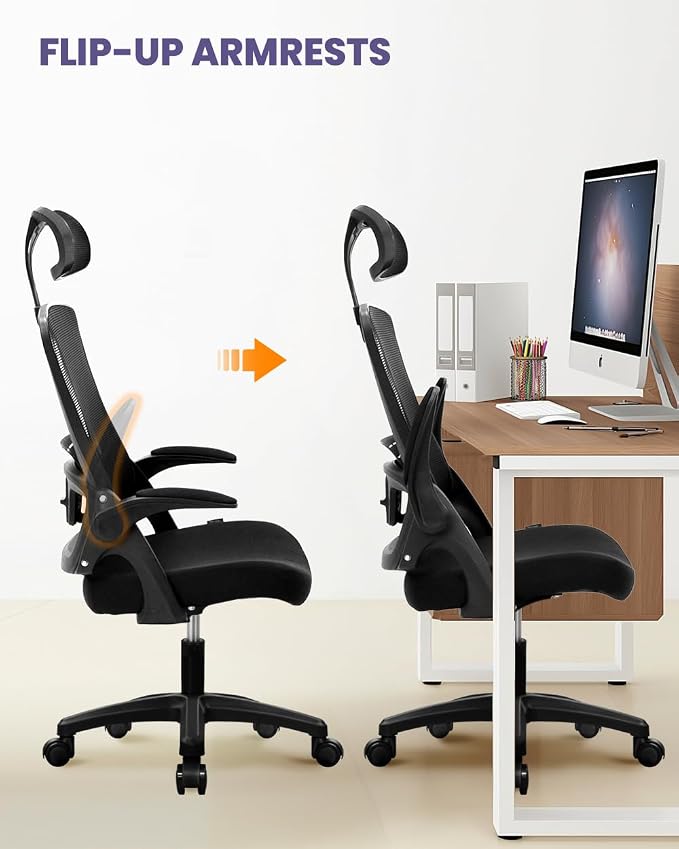 NEO CHAIR Office Desk Chair with Ergonomic High Back Headrest, Mesh Black | Adjustable Headrest and Lumbar Support with Flip-Up Armrests Designed for Extended Sitting Comfort While Saving Space