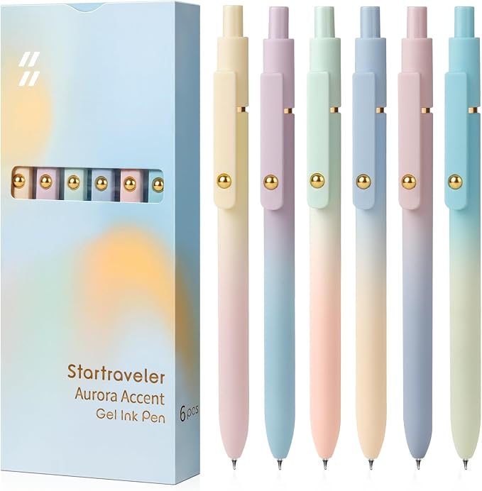 FIOVER Gel Pens, 6 Pcs 0.7mm Comfort Grip Quick Dry Black Ink Pens | Fine Point Smooth Writing Pens, Cute Office Back to School Supplies Gifts for Women (6PCS Gradient Black Ink)