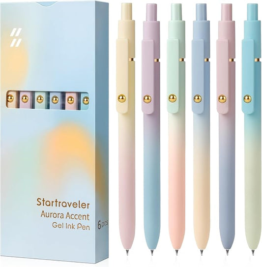 FIOVER Gel Pens, 6 Pcs 0.7mm Comfort Grip Quick Dry Black Ink Pens | Fine Point Smooth Writing Pens, Cute Office Back to School Supplies Gifts for Women (6PCS Gradient Black Ink)