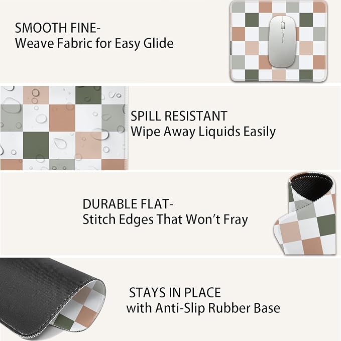 Mouse Pad for Desk with Stitched Edge, Premium Cute Washable Mouse Pads. Computer Mousepad with Non-Slip Rubber Base, Mousepads for Laptop, 9.25x7.75x0.12 inch (Muted Checkers)