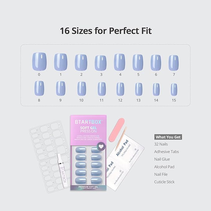BTArtbox Press On Nails Short - Square Press On Nail, Blue Glossy Nail Tips Glue On Nails with Nail Glue, Reusable Stick On Nails in 16 Sizes - 32 Soft Gel Fake Nails Kit, Ocean Glazed