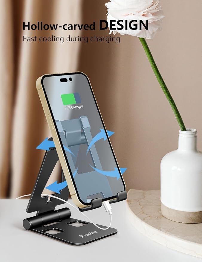 Aoviho Foldable Cell Phone Stand for Desk, Holder for iPhone,Black | Folds Flat for Easy Storage, Hands-Free Viewing, Fits iPhone 17/16/15 Series & Samsung Galaxy, Ideal for Office & Home