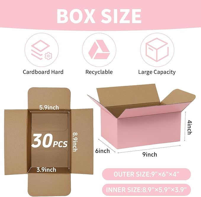 9x6x4 Inch Cute Pink Shipping Boxes, 30 Pack Corrugated Cardboard Box, Mailing Packaging Boxes for Small Business