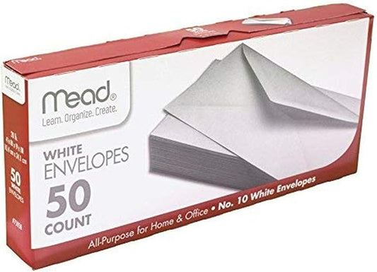 Mead #10 Envelopes, Letter Size, 4-1/8" x 9-1/2", Gummed Closure, White All-Purpose for Home & Office Mail, 50 Count (75050)
