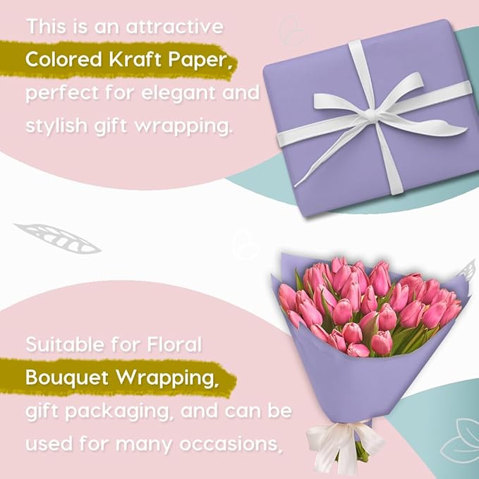 SMART&CASUAL 48" x 1,500" (125') Light Purple Kraft Craft Paper Roll for Gift Wrapping Bulletin Board Bouquet Flower Kids Art Packing Parcel Table Covering 80GSM 55LB (Light Purple, 48" x 125')